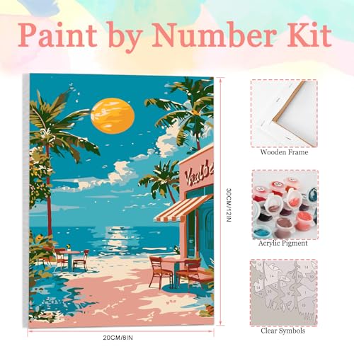 Auremi Landscape Paint by Number Kits with Framed, DIY Beach Paint by Number Canvas for Adults, Easy Acrylic in Canvas with Brushes for Decor 20x30cm