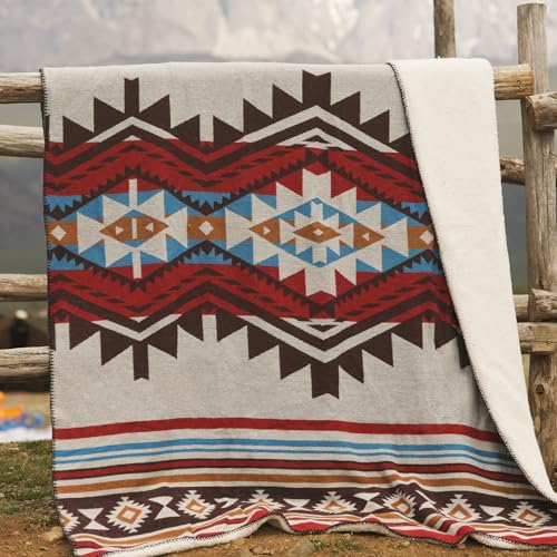 Aztec Throw Blanket with Soft Sherpa Lining, Traditional Southwestern Navajo Tribal Style Warm Throw for Camping, Outdoor, Cozy Boho Blanket for Couch, Sofa, Bed, 50"x60", Red - color: Red, size: 50" x 60"