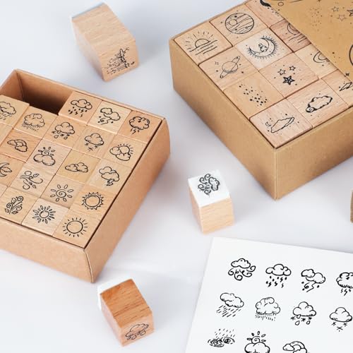 41 Pieces Wooden Rubber Stamp Set, Moon Star Various Weather Patterns Wood Stamps for Journal, Diary, Scrapbook, Planner, Letter, DIY Craft, Card Making(2pcs Weather and Galaxies) - color: 2pcs Weather and Galaxies