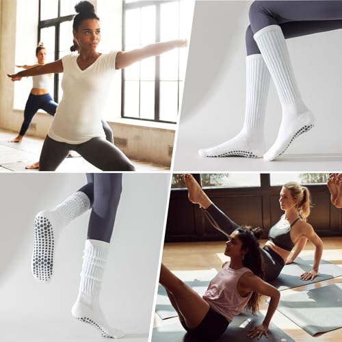Pilates Grip Socks for Women, Non Slip Scrunch Yoga Socks for Home, Workout - color: 3pairs-beigekhakibrown