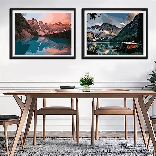 Paint by numbers Kit for adults beginners 2 pack paint by numbers for adults rolled up canvas for home decoration creative wall art with colorful gift box 12x16 inch mountain lake sunset 169-170 - color: YX8001-169-170