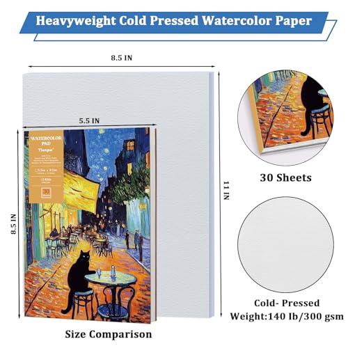Tlenpo Watercolor Paper Pad, 8.5 x5.5 in 140lb/300gsm, 30 Sheets, Cold Press Acid-Free, Artist Grade Water Color Art Drawing Painting Paper, Drawing Art Supplies for Adults, Teens, Kids - size: C-8.5×5.5in