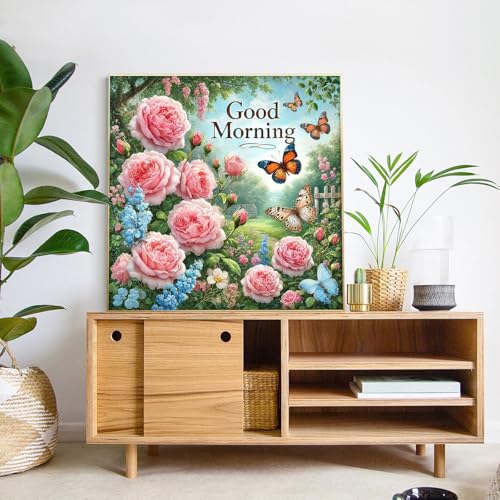Flowers Diamond Art Kits for Adults, Butterfly Diamond Painting Kits for Adults Beginners, DIY 5D Diamond Painting with Round Gem Art Kits for Gift Home Wall Decor 14x14 Inch - color: XM-DP-GoodMorning-3535