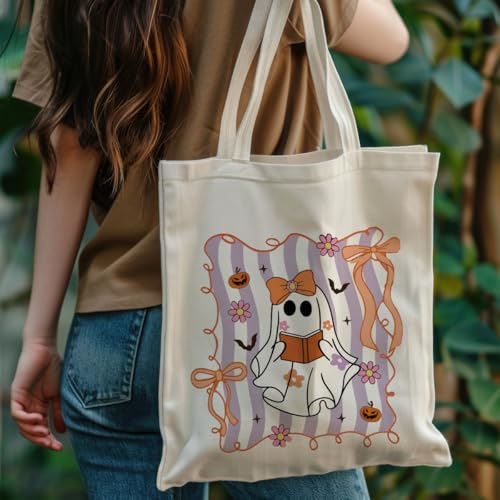 Canvas Bag for Women Grocery Shopping Travel Gym Weekender Vacation Womens Work Tote Bag Gifts - color: Bow Ghost Book
