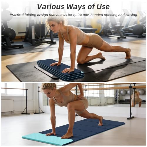 HAHE Foldable Yoga Exercise Mat, 74"Lx32"Wx1/3"Thick, TPE Workout Mat - color: Navy Blue+Green