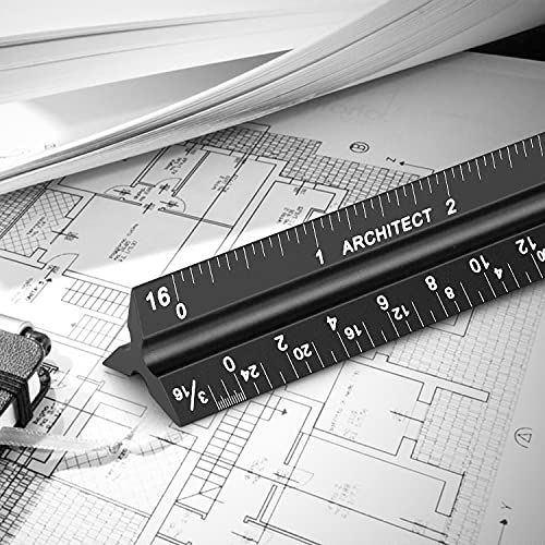 12" Architectural Scale Ruler Aluminum Architect Scale Ruler, Black | Triangular Scale Ruler for Architects, Draftsman, Students and Engineers - color: Black