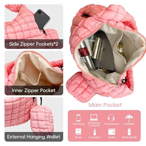 Puffer Tote Bag for Women, Large Quilted Puffer Bag with Pouch, Puffy Quilted Hobo Bag, Puff Crossbody Purse - color: 2-pink