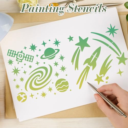 Space Astronaut Stencils for Crafts Reusable 20Pcs Stencils(5.9X5.9 inch) | DIY Art Painting Stencil Furniture Decor Kit for Wood Embroidery Wall Silk Screen Journaling - color: Space 2