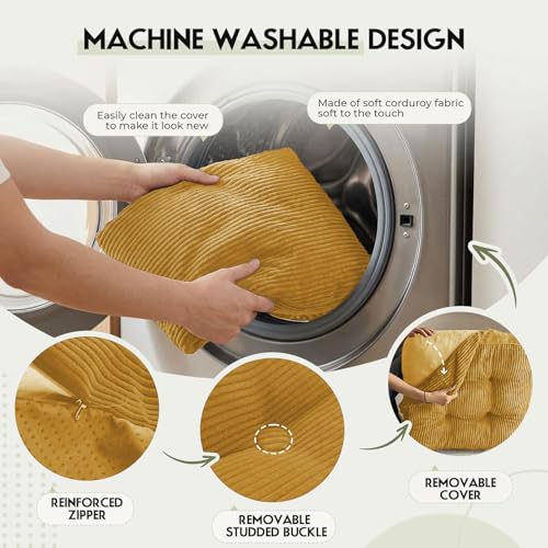 11" Thick Washable Floor Pillow for Adults, Yoga & Meditation Cushion with Handle, Square Large Pillows Seating with Removable Tufted Corduroy Cover for Tatami Living Room Board Games, Yellow