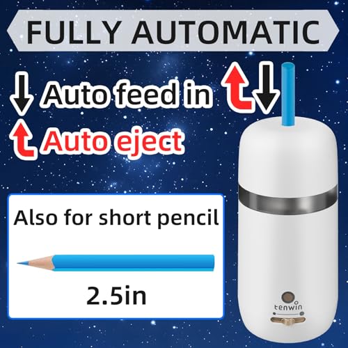 tenwin Electric Pencil Sharpener for 7-12mm Pencil Built-in Breathing Light | Fully Automatic, Rechargeable Pencil Sharpener Cordless, Handsfree Auto in&Eject, 3 Selectable Adjustable Pencil Nibs - color: White