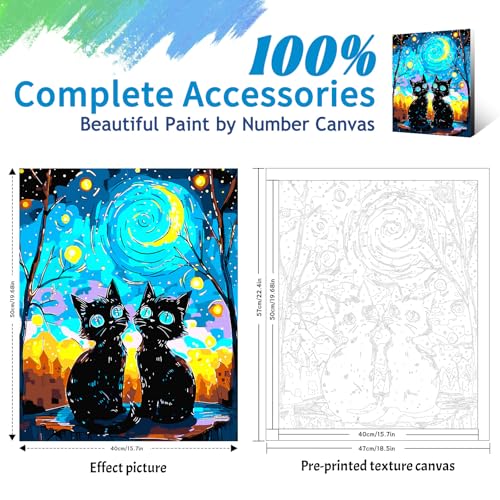 Yunnuo Paint by Numbers Kit for Adults Two Black Cat, Adult Paint by Number Kits Animals and Starry Night,DIY Paintwork with 3 Paintbrushes and Acrylic Paints,Perfect for Home Wall Decor 16x20 Inch - color: A-002-Two Cats