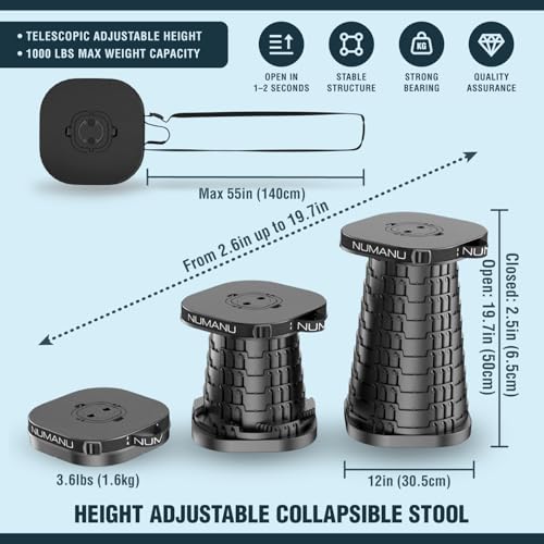 NUMANU XXL Collapsible Stool, 3-in-1 Cushion + Bag, 1000 lbs, Square | Heavy-Duty Big & Tall Stool, Telescoping 2.7-19.7in, 3-in-1 Square Cushion Bag + Drink Holder; Travel, Sports, Camping - size: XXL Square (Stool & 3IN1 Carry Bag)