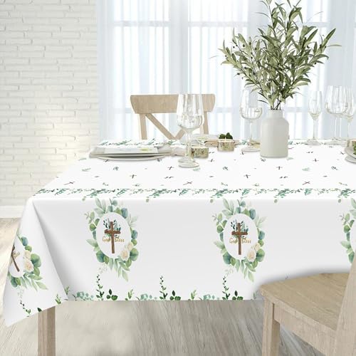 3Pcs God Bless Baptism Tablecloth, 54 x 108 Inch Eucalyptus Leaf Cross Religious Table Cover, Sage Green Plastic Tablecloth for Baby Showers, First Communion Decorations - color: God Bless Baptism