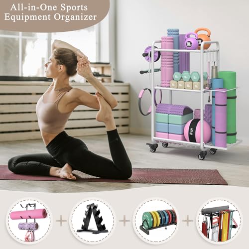 Multi-Functional Home Gym Storage Rack with Wheels and Hooks - color: White