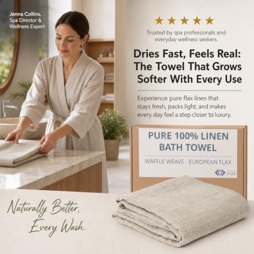 Pure 100% Linen Bath Towel - 30x60-inch Waffle Weave Hair Towel Quick Dry - color: Natural Linen, size: Bath Towel
