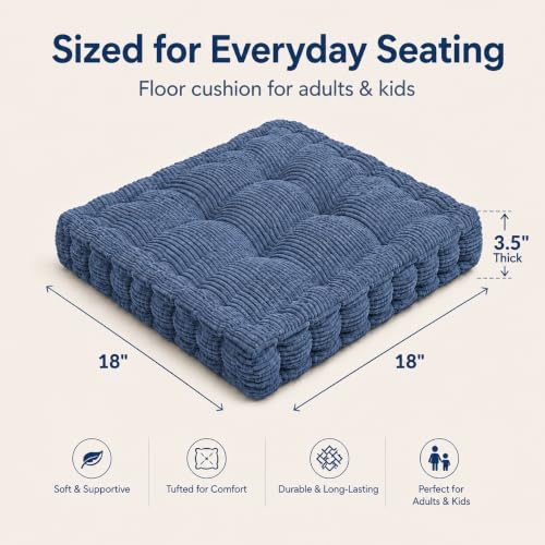 ChezMax Floor Pillow & Cushion, Large Meditation Chair Cushions, Thick Square Seat Pad, Soft Velvet Tufted Seating Pouf for Indoor/Outdoor Yoga Bench Rocking Chair Room Tatami Sofa, Dark Blue 18"x18" - color: Dark Blue M