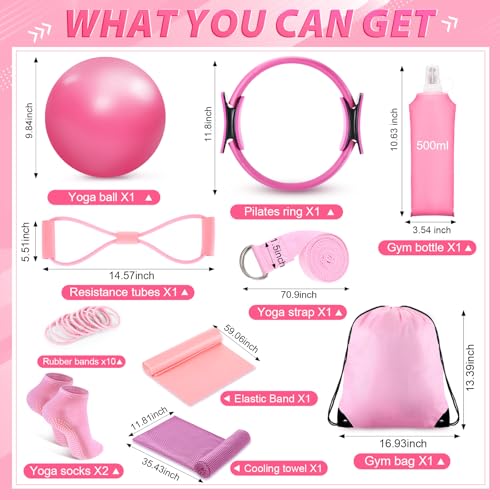 Halloscume 24 Pcs Pilates Kit, Home Pilate Equipment for Women, Pilates Ring and Ball Set with Stretching Strap, Water Bottle, Magic Circle, Yoga Ring, Gym Bag, Resistance Band, Anti Slip Sock - color: Pink