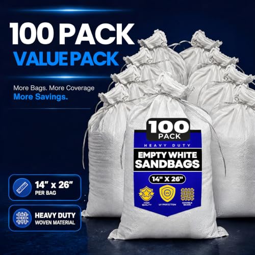 Sand Bags with Ties 14" x 26" - Sand Bags for Flooding, Woven Polypropylene Sandbags, 50 lbs Capacity, 14x26 inches, White - size: 100 Count (Pack of 1)