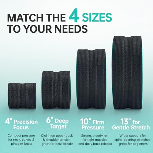 GymCope Back Roller Wheel, Spine-Safe Groove for Deep Stretch, 530 lbs | 1/2in sweat-resistant foam over ABS core, 4 sizes 4 to 12in plus 4-pack with 13in, yoga pilates home gym recovery, pvc free - color: Mint Green, size: 4"+6"+10"+13"