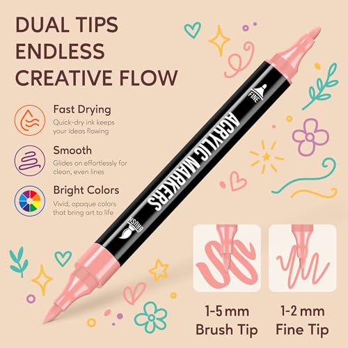 Pagather Acrylic Paint Markers, 24 Colors Dual Tip Fine & Brush Pens Set | For Rocks, Fabric, Wood, Glass & More, Perfect for DIY Crafts and Creative Art Projects with Bright, Smooth and Quick-Dry Ink - color: 24 Colors