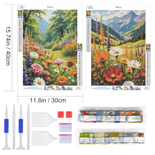 YOYA 2 Pack 5D Landscape Diamond Art Kits for Adults 12x16 Inch | Full Drill Diamond Painting Kits, Flowers Theme, Round Drill, HD Canvas, Fun, Relax, Gem Art for Home Wall Decor, Gifts - color: Flowers Landscape 040
