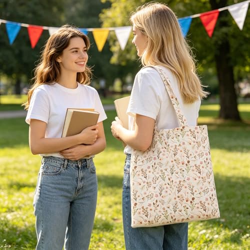Kazova Floral Tote Bag for Women Canvas Cotton Book Bag Boho Wildflower Reusable Shoulder Tote with Inner Pocket for Students Class Daily Use 25x13.8 Inch - color: Boho a