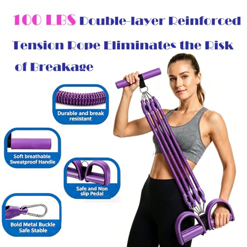 Resistance Band with Handle 100LBS Pedal Resistance Bands for Pilates Yoga Physical Therapy Leg,Abdomen,Waist,Arm,Workout Bands Exercise Resistance Bands Set for Women - color: Purple