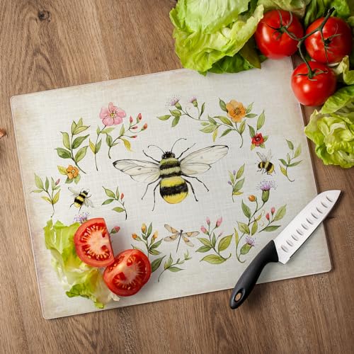 CounterArt Bee Wreath 3mm Tempered Glass Cutting Board 15” x 12” | Serving Board Charcuterie Board - color: Bee Wreath