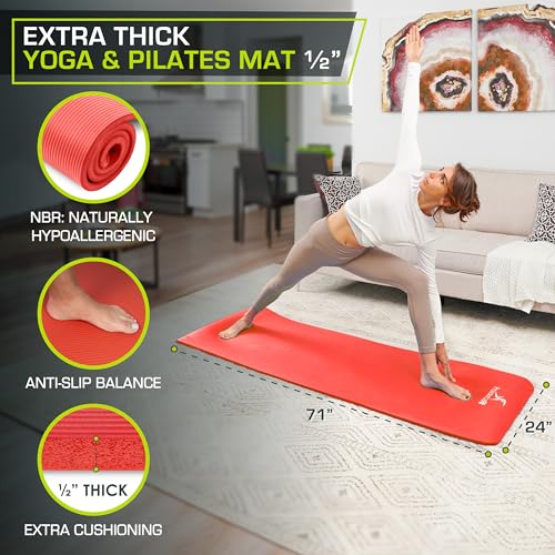 ProsourceFit Extra Thick Yoga and Pilates Mat 1/2” (13mm) or 1" (25mm), 71-inch Long High Density Exercise Mat with Comfort Foam and Carrying Strap - color: Red, size: 1/2"
