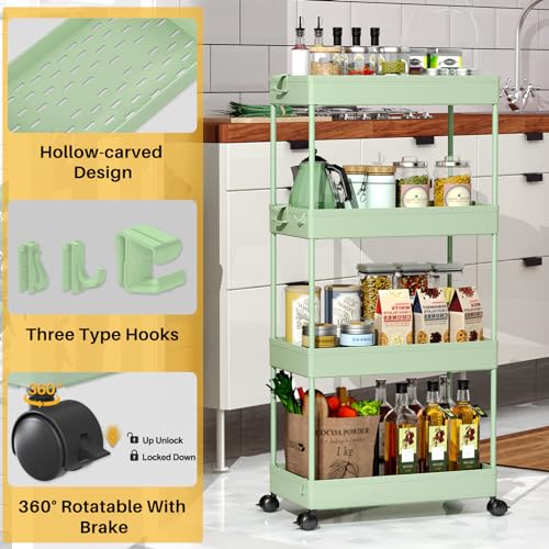 SPACEKEEPER 4 Tier Rolling Cart, Bathroom Cart Organizer with Wheels, Green - color: Green, size: 4 Tier