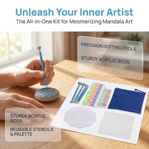 Anu Limen Mandala Dotting Tools Set, 20 Piece Rock Painting Kit with Acrylic Rods, Stencil, Paint Tray, Storage Bag