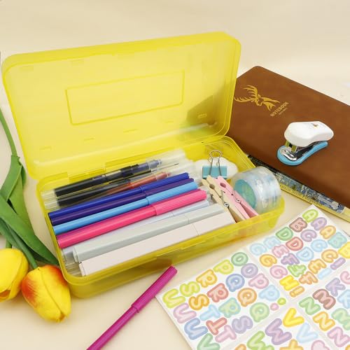 Yellow Pencil Case Box Plastic Aesthetic Hard Pencil Case with Stickers Stackable Storage Box for Girls Boys Big Capacity 1 Pack for Pens School Stylish Office Supplies Storage Organizer Boxs Medium - color: Clear Yellow