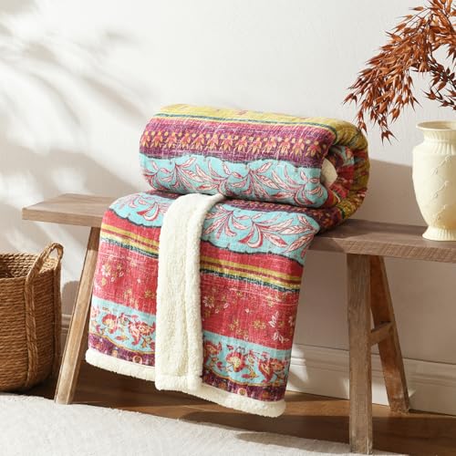Boho Chic Sherpa Fleece Throw Blanket with Ultra-Soft Cozy Lining,Bohemian Patterned Throws for Sofa,Couch,Bed - color: Boho-red, size: 50" x 60"