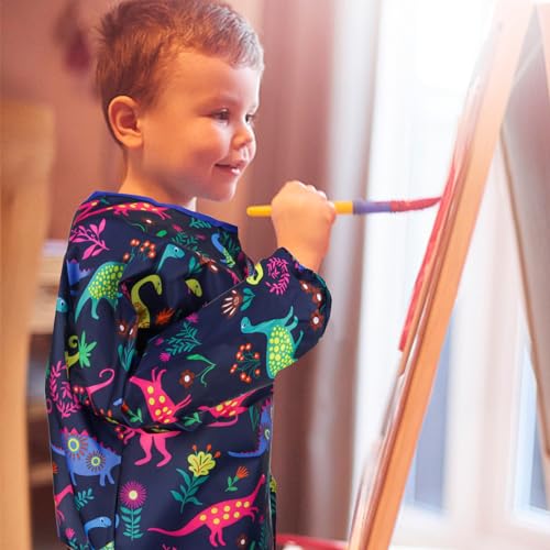 Kids Art Smocks Dinosaur Painting Aprons for Children Waterproof Artist Smock with Long Sleeve and 3 Pockets for Age 3-8 Years (Navy-blue) - color: Dinosaur (Blue)