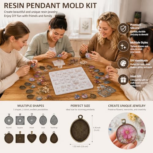Resin Casting Mold Jewelry Making Kit with 30 Metal Pendant Trays and Silicone Mold, Heart Teardrop Round Oval Square Shapes for DIY Earrings Necklaces Bracelets Crafts Gifts