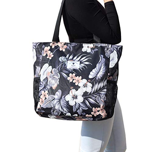 ESVAN Original Floral Tote Bag Large Shoulder Bag with Multi Pockets for Gym Travel Beach Daily Bags - color: C Black Gray Leaf