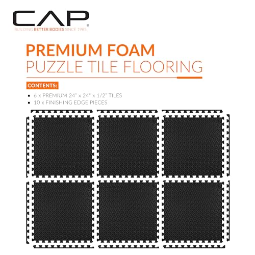 CAP Puzzle Exercise Mats | 1/2” Thick EVA Interlocking Foam Tiles for Home Gym Flooring | Multiple Options - color: Diamond Pattern - Black - 1- Pack - 6 Tiles, style: 6 Tiles (24 SQ FT)