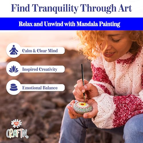 Complete Beginner's Mandala Painting 46 Piece Kit with Acrylic Paints, Reusable Stencils and Dotting Tools. Fun Rock Art & DIY Craft Project. Starter Activity Pack and Gift for Teens, and Adults