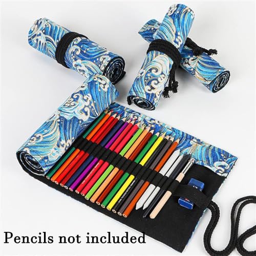 DIYOMR 24/36/72 Slots Pencil Wrap Pencil Rolls, Artist Colored Pencils Roll Up Bag Short Brushes Pouch Case Pencils Organizer for Drawing Coloring and Sketching,No Pencils (Blue Ocean, 36slots) - color: Blue Ocean, size: 36slots