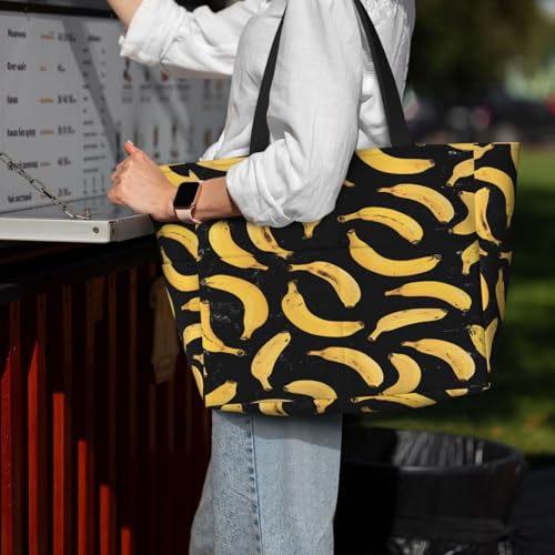 Large Beach Bag for Women Waterproof Foldable Travel Shoulder Tote Bag with Pocket for Weekender Pool Vacation - color: Banana Black