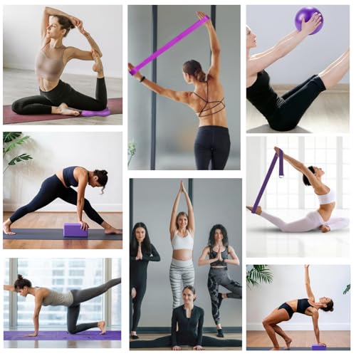 Foldable Non-Slip Yoga Mat and Blocks Set for Women, 9-Pcs Yoga Starter Kit - color: Purple