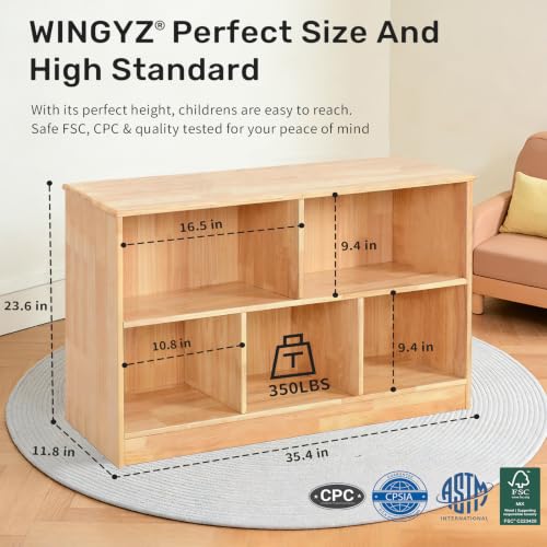WINGYZ Rubber Wood Montessori Shelf, 5-Compartment Wooden Storage Cabinet - size: 35.5"D x 11.8"W x 23.6"H