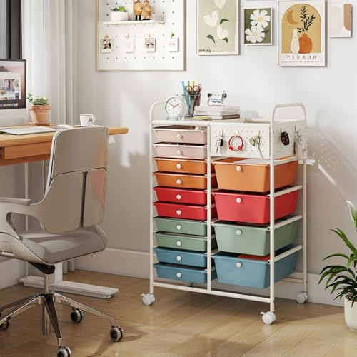 Giantex 14 Drawer Storage Cart, Rolling Craft Cart with Metal Tabletop & Pegboard, Mobile Utility Organizer Trolley with Locking Wheels, Home Office, Macaron Multicolor - color: Macaron, size: 14 Drawer-25"x14.5"x34.5"