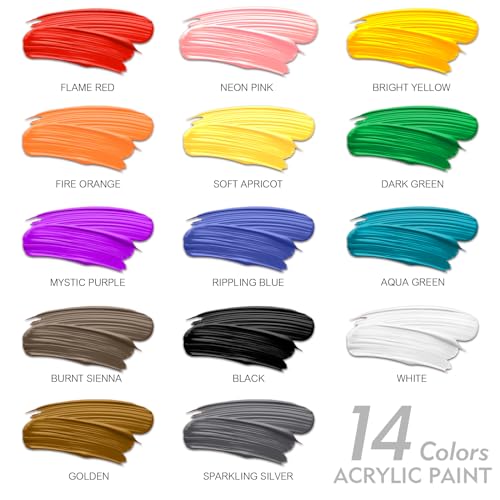 unuaST Acrylic Paint Sets for Adults, 14 Colors Large Bulk Acrylic Paints kits Rich Pigment Art Painting Supplies for Artists/Beginners, Paint Sets for Canvas with Pump, Color Wheel (10oz/300ml) - size: 10 Fl Oz (Pack of 14)