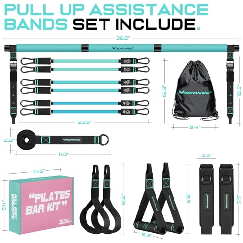 Pilates Bar Kit with 6 Latex Resistance Bands, Adjustable Exercise Bar - color: Blue