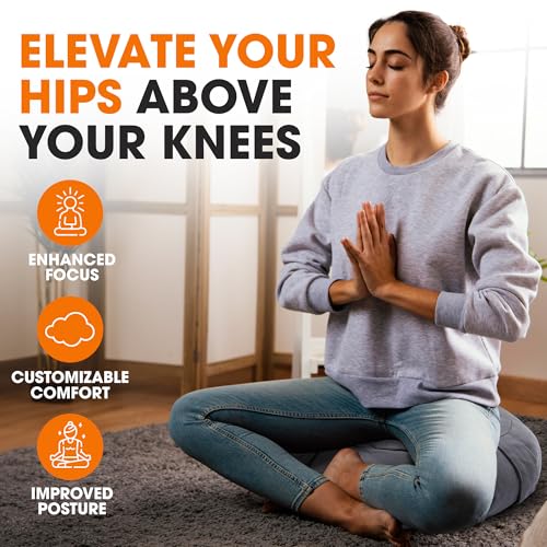 Cheer Collection Meditation Cushion - Ergonomic Floor Pillow for Meditation, Yoga Pillow with Buckwheat Filling, Yoga Cushion for Sitting on Floor, Meditation Seat, Comfort & Posture Support - color: Small Gray Buckwheat