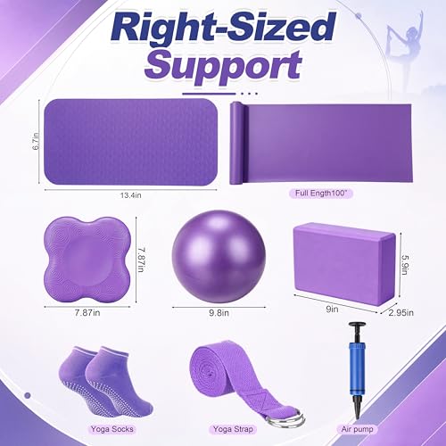 Thenshop 12 Pcs Home Pilates Kit for Women Workouts, Purple Yoga Equipment Set with Yoga Mats Socks Balls Blocks Resistance Bands Strap Knee Pads and Fitness Storage Bag Accessories for Starter
