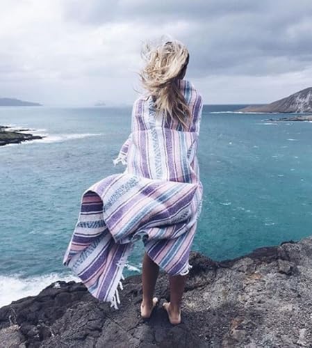 Del Mex Classic Mexican Blanket, Large Authentic Woven Falsa Throw (70"x50"), Artisan Southwest Décor for Beach, Yoga, Outdoors (Light Pink/Blue) - color: Light Pink/Blue