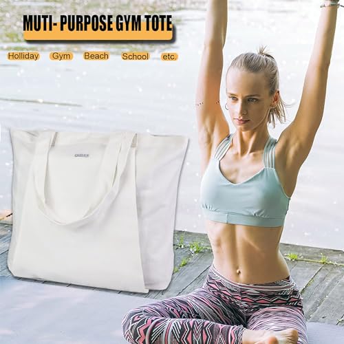 Yoga Mat Bag for Women, Pure Cotton Canvas Yoga Tote with Wet/Dry Pocket, Bottle Holder & Inner Zipper Pocket, Yoga Mat Carrier Bag for Pilates, Gym, Travel, Beach - color: White