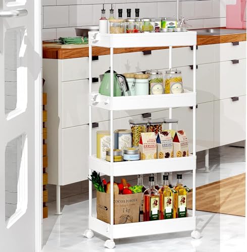 SPACEKEEPER 4 Tier Rolling Cart, Bathroom Cart Organizer with Wheels, White - color: White, size: 4 Tier